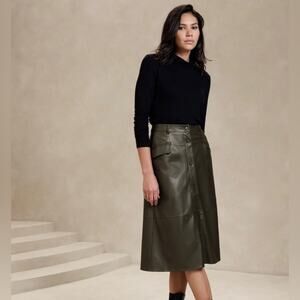 Banana Republic NWOT Olive Green Vegan Leather Button High Waist Midi Skirt